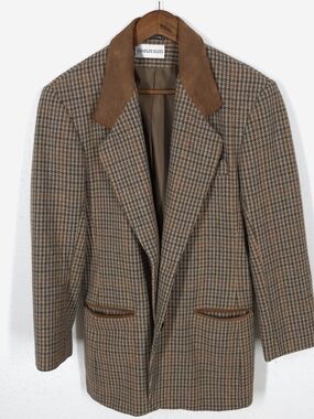 Vintage Charles Klein Women’s Houndstooth Blazer Size 8 Suede Leather Collar